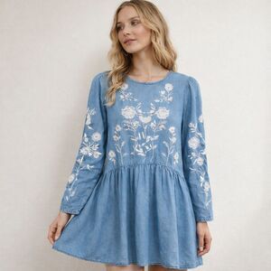 Cottagecore Embroidered Denim Babydoll Dress | Goodnight Macaroon | M